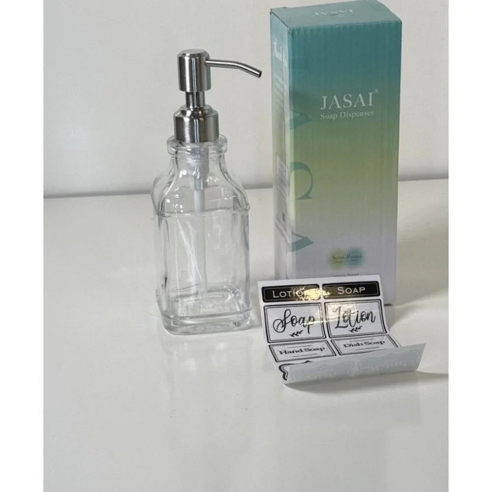 JASAI Antique Square Glass Soap‎ Dispenser 12oz Clear Stainless Steel Pump 81-10